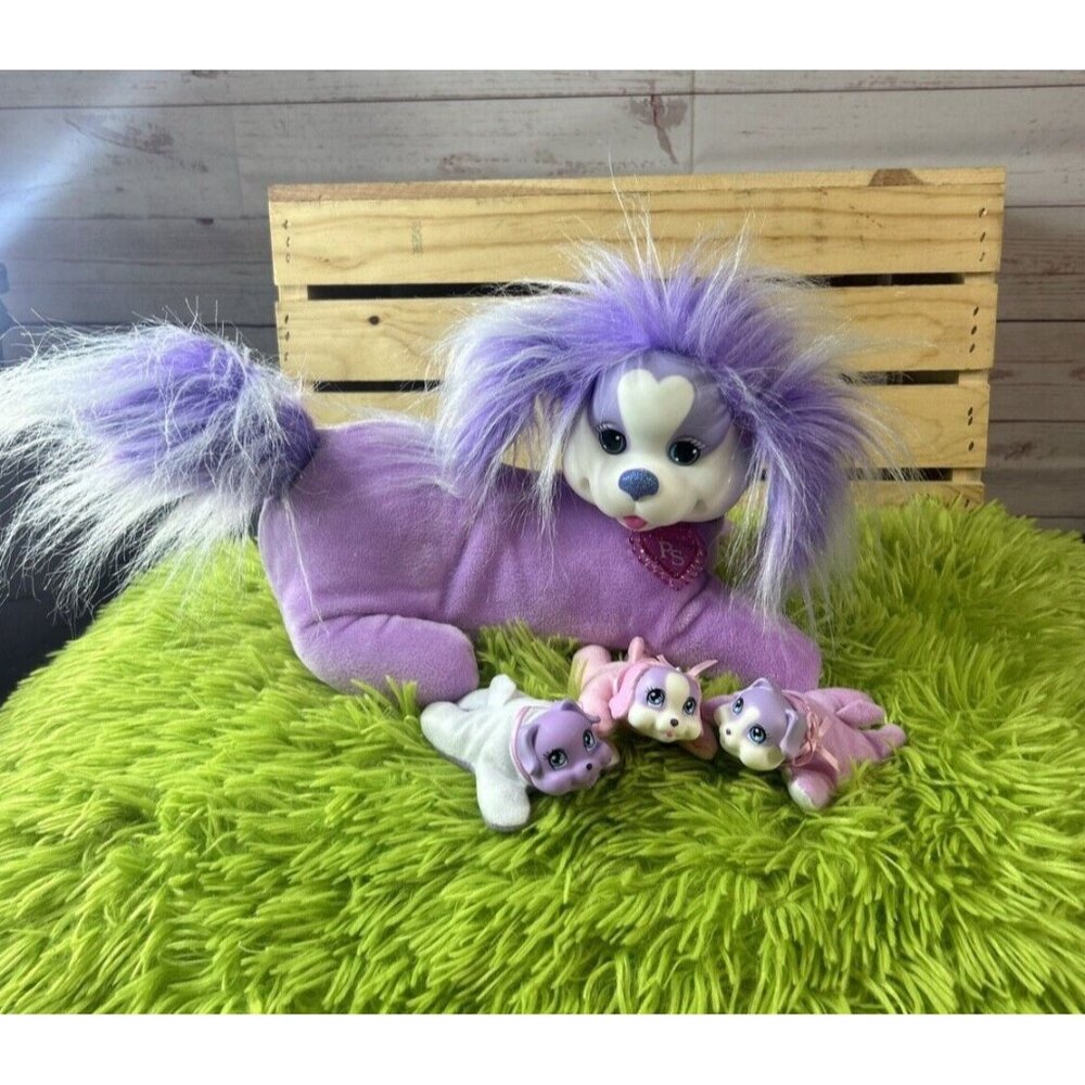 Puppy Surprise Plush Purple Mama Dog & 3 Puppies Babies Rubber Face & Collar